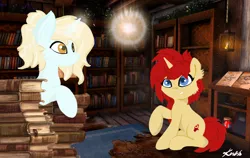 Size: 2380x1500 | Tagged: safe, artist:kotwitz, derpibooru import, oc, oc:aria taitava, oc:legolass, pony, unicorn, book, candle, library, magic, skyrim, the elder scrolls