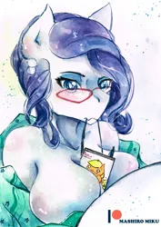 Size: 2409x3393 | Tagged: suggestive, artist:mashiromiku, derpibooru import, applejack, rarity, anthro, earth pony, pony, unicorn, anthro with ponies, bedroom eyes, breasts, busty rarity, chibi, cleavage, mouth hold, patreon, patreon logo, traditional art, watercolor painting, white eyes