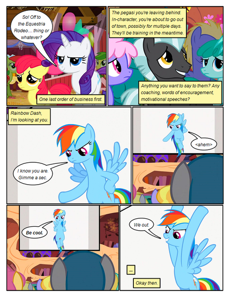Size: 612x792 | Tagged: safe, artist:newbiespud, derpibooru import, edit, edited screencap, screencap, apple bloom, cloud kicker, derpy hooves, dizzy twister, lightning bolt, orange swirl, rainbow dash, rainbowshine, rarity, spring melody, sprinkle medley, sunshower raindrops, thunderlane, white lightning, earth pony, pegasus, pony, unicorn, comic:friendship is dragons, hurricane fluttershy, background pony, background pony audience, book, bow, comic, dialogue, female, filly, flying, frown, golden oaks library, grin, hair bow, looking down, looking up, male, mare, presentation, screencap comic, smiling, stallion, unamused