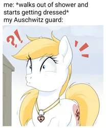 Size: 1200x1450 | Tagged: safe, artist:doomy, derpibooru import, edit, oc, oc:aryanne, earth pony, pony, aryan, aryan pony, blonde, confused, exclamation point, holocaust joke, jewelry, meme, nazi, nazipone, necklace, question mark, shower, surprised, swastika