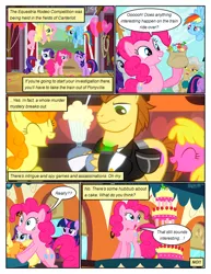 Size: 612x792 | Tagged: safe, artist:newbiespud, derpibooru import, edit, edited screencap, screencap, carrot top, cherry berry, donut joe, fluttershy, golden harvest, mayor mare, pinkie pie, rainbow dash, rarity, twilight sparkle, earth pony, pegasus, pony, unicorn, comic:friendship is dragons, the last roundup, background pony, bag, balloon, barn, bowtie, cake, candy, clothes, comic, dialogue, eyes closed, female, flying, food, grin, hoof hold, male, mare, milkshake, pitchfork, raised hoof, saddle bag, salute, screencap comic, smiling, stallion, suit, unicorn twilight, unshorn fetlocks