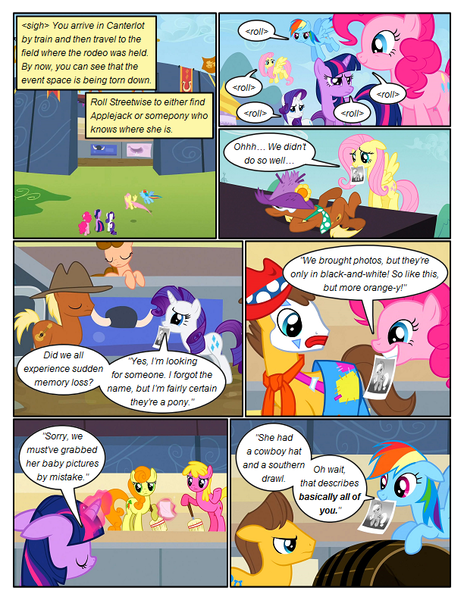 Size: 612x792 | Tagged: safe, artist:newbiespud, derpibooru import, edit, edited screencap, screencap, applejack, caramel, carrot top, cherry berry, fluttershy, golden harvest, meadow song, pinkie pie, rainbow dash, rarity, twilight sparkle, wildwood flower, earth pony, pegasus, pony, unicorn, comic:friendship is dragons, the last roundup, angry, annoyed, background pony, barrel, broom, clown, comic, dialogue, eyes closed, female, frown, glowing horn, hat, helmet, hoof hold, horn, horned helmet, magic, male, mane six, mare, mouth hold, necktie, on back, photo, screencap comic, stadium, stallion, telekinesis, unicorn twilight, viking helmet