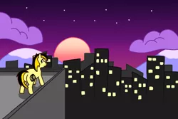 Size: 1200x800 | Tagged: safe, derpibooru import, oc, oc:leslie fair, unofficial characters only, pony, city, cloud, mountain, skyline, skyscraper, solo, stars, sun, sunset
