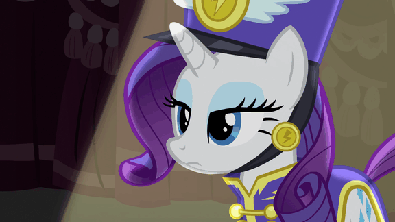 Size: 576x324 | Tagged: safe, derpibooru import, screencap, rarity, pony, unicorn, testing testing 1-2-3, ancient wonderbolts uniform, clothes, female, flat stare, frown, hat, lidded eyes, mare, rarity is not amused, reaction image, sgt. rarity, solo, still, unamused, uniform