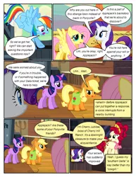 Size: 612x792 | Tagged: safe, artist:newbiespud, derpibooru import, edit, edited screencap, screencap, applejack, cherry jubilee, fluttershy, rainbow dash, rarity, twilight sparkle, earth pony, pegasus, pony, unicorn, comic:friendship is dragons, the last roundup, bag, comic, dialogue, female, flying, freckles, hat, looking down, mare, raised hoof, sad, saddle bag, screencap comic, smiling, unicorn twilight