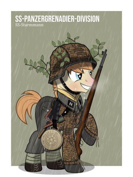 Size: 1280x1707 | Tagged: safe, artist:brony-works, derpibooru import, oc, oc:pizzamovies, earth pony, pony, camouflage, clothes, gun, kar98k, landmine, male, nazi, nazi germany, pants, rain, rifle, schutzstaffel, smiling, solo, stahlhelm, stallion, uniform, waffen-ss, weapon, wet, world war ii