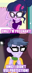 Size: 1200x2668 | Tagged: suggestive, artist:themexicanpunisher, derpibooru import, microchips, sci-twi, twilight sparkle, cheer you on, equestria girls, equestria girls series, spoiler:eqg series (season 2), caption, female, image macro, implied penetration, implied sex, male, microlight, pregnancy test, pregnant, reaction, reaction image, shipping, straight, text