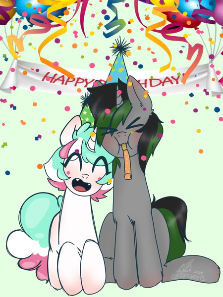 Size: 768x1024 | Tagged: safe, artist:cottonsweets, derpibooru import, oc, oc:cotton sweets, oc:cottonsweets, oc:spectrum heat, unofficial characters only, pony, birthday, birthday pic, cute, female, male, mare, shipping, stallion