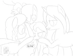 Size: 1280x985 | Tagged: safe, artist:unsavorydom, derpibooru import, oc, oc:doomy, oc:gloomy, oc:junior, oc:marker pony, unofficial characters only, earth pony, pegasus, pony, unicorn, /mlp/, 4chan, braid, cape, clothes, female, lineart, mlpg, monochrome, simple background, white background