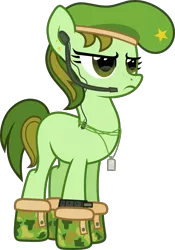 Size: 4319x6184 | Tagged: safe, artist:n0kkun, derpibooru import, oc, oc:commando goer, unofficial characters only, earth pony, pony, absurd resolution, beret, blank flank, boots, clothes, dog tags, ear piercing, earpiece, earring, female, freckles, hat, jewelry, mare, piercing, shoes, simple background, solo, transparent background, watch, wristwatch