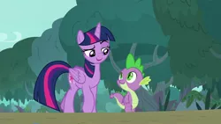 Size: 1920x1080 | Tagged: safe, derpibooru import, screencap, spike, twilight sparkle, twilight sparkle (alicorn), alicorn, dragon, pony, she talks to angel, baby, baby dragon, claws, duo, female, folded wings, lidded eyes, looking at each other, mare, raised eyebrow, slit eyes, smuglight sparkle, talking, walking, winged spike, wings
