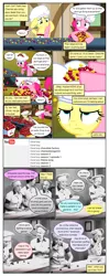 Size: 612x1552 | Tagged: safe, artist:newbiespud, derpibooru import, edit, edited screencap, screencap, fluttershy, pinkie pie, earth pony, human, pegasus, pony, comic:friendship is dragons, the last roundup, annoyed, bag, chef's hat, cherry, chocolate, clothes, comic, conveyor belt, crossover, dialogue, eating, female, food, hat, hoof hold, i love lucy, mare, panic, panicking, saddle bag, screencap comic, unamused, worried, youtube