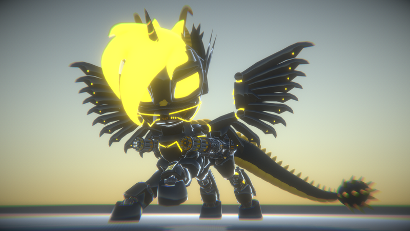 Size: 3840x2160 | Tagged: safe, artist:phoenixtm, derpibooru import, oc, oc:phoenix stardash, cyborg, dracony, dragon, hybrid, pony, 3d, battle stance, cyborg dracony, dracony alicorn, spread wings, wings