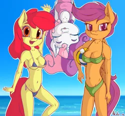 Size: 1300x1200 | Tagged: anthro, apple bloom, apple bloomers, armpits, artist:neko-me, bikini, breasts, busty apple bloom, busty scootaloo, busty sweetie belle, clothes, cutie mark crusaders, derpibooru import, female, looking at you, mare, micro bikini, older, one-piece swimsuit, scootaloo, smiling, suggestive, sweetie belle, swimsuit