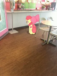 Size: 3024x4032 | Tagged: safe, derpibooru import, photographer:undeadponysoldier, apple bloom, earth pony, pony, augmented reality, chair, female, filly, frozen yogurt shop, gameloft, irl, photo, ponies in real life, solo, sweet frog, table