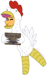 Size: 1497x2405 | Tagged: safe, artist:midnightamber, derpibooru import, scootaloo, pegasus, pony, animal costume, chicken suit, clothes, commission, costume, cute, cutealoo, feather, female, filly, free boops, holding sign, one eye closed, rearing, scootachicken, sign, silly, silly pony, simple background, solo, standing, standing on one leg, standing up, tongue out, transparent background, wink
