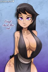 Size: 3200x4749 | Tagged: absolute cleavage, absurd resolution, artist:alcasar-reich, big breasts, breasts, busty octavia, cleavage, clothes, cutie mark on human, derpibooru import, dialogue, dress, female, huge breasts, human, human female, humanized, implied vinyl scratch, moderate dark skin, octavia melody, smiling, solo, solo female, suggestive