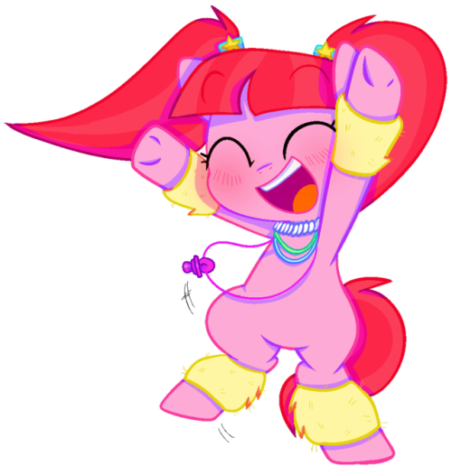 Size: 500x526 | Tagged: safe, artist:pinkiespresent, derpibooru import, pacific glow, earth pony, pony, bipedal, blushing, cute, eyes closed, female, glowbetes, happy, leg warmers, mare, open mouth, pacifier, pigtails, simple background, solo, transparent background, weapons-grade cute