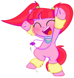 Size: 500x526 | Tagged: safe, artist:pinkiespresent, derpibooru import, pacific glow, earth pony, pony, bipedal, blushing, cute, eyes closed, female, glowbetes, happy, leg warmers, mare, open mouth, pacifier, pigtails, simple background, solo, transparent background, weapons-grade cute