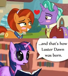 Size: 800x892 | Tagged: safe, artist:wedgeantilleshzdgj, derpibooru import, edit, edited screencap, screencap, firelight, luster dawn, stellar flare, twilight sparkle, pony, unicorn, the last problem, the parent map, and that's how luster dawn was made, bedroom eyes, blush sticker, blushing, book, comic, cute, fan theory, female, headcanon, male, mare, meme, shipping, speculation, stallion, starry eyes, stellarlight, straight, text, theory, twiabetes, unicorn twilight, what a twist, wingding eyes