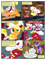 Size: 612x792 | Tagged: safe, artist:newbiespud, derpibooru import, edit, edited screencap, screencap, applejack, fluttershy, pinkie pie, rainbow dash, rarity, twilight sparkle, earth pony, pegasus, pony, unicorn, comic:friendship is dragons, the last roundup, annoyed, bag, broom, chef's hat, cherry, clothes, comic, conveyor belt, dialogue, dust, eating, eyes closed, female, food, glowing horn, hat, horn, magic, mane six, mare, messy, onomatopoeia, raised hoof, saddle bag, screencap comic, shocked, telekinesis, unicorn twilight, worried