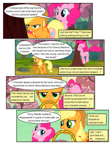 Size: 612x792 | Tagged: safe, artist:newbiespud, derpibooru import, edit, edited screencap, screencap, applejack, pinkie pie, earth pony, pony, comic:friendship is dragons, the last roundup, annoyed, basket, cherry, comic, dialogue, eyes closed, female, food, freckles, frown, hat, mare, pronking, screencap comic, smiling, tree