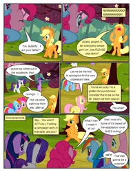 Size: 612x792 | Tagged: safe, artist:newbiespud, derpibooru import, edit, edited screencap, screencap, applejack, fluttershy, pinkie pie, rainbow dash, rarity, twilight sparkle, earth pony, pegasus, pony, unicorn, comic:friendship is dragons, the last roundup, cherry, comic, dialogue, eyes closed, female, flower, food, freckles, frown, hat, mane six, mare, rearing, scared, screencap comic, smiling, tree, unicorn twilight