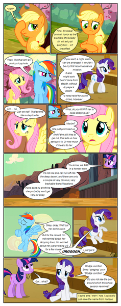 Size: 612x1552 | Tagged: safe, artist:newbiespud, derpibooru import, edit, edited screencap, screencap, applejack, fluttershy, rainbow dash, rarity, twilight sparkle, earth pony, pegasus, pony, unicorn, comic:friendship is dragons, the last roundup, cherry, cloud, comic, crossed arms, dialogue, female, flying, food, freckles, frown, hat, jumping, looking up, mare, pun, sad, screencap comic, tree, unicorn twilight, worried