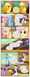 Size: 612x1552 | Tagged: safe, artist:newbiespud, derpibooru import, edit, edited screencap, screencap, applejack, fluttershy, rainbow dash, rarity, twilight sparkle, earth pony, pegasus, pony, unicorn, comic:friendship is dragons, the last roundup, cherry, cloud, comic, crossed arms, dialogue, female, flying, food, freckles, frown, hat, jumping, looking up, mare, pun, sad, screencap comic, tree, unicorn twilight, worried