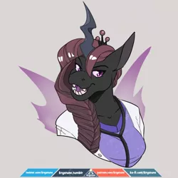 Size: 1080x1080 | Tagged: anthro, anthro oc, artist:krystune, changeling, changeling queen, changeling queen oc, clothes, derpibooru import, fangs, female, oc, oc:busy buzz, purple changeling, safe, solo, unofficial characters only