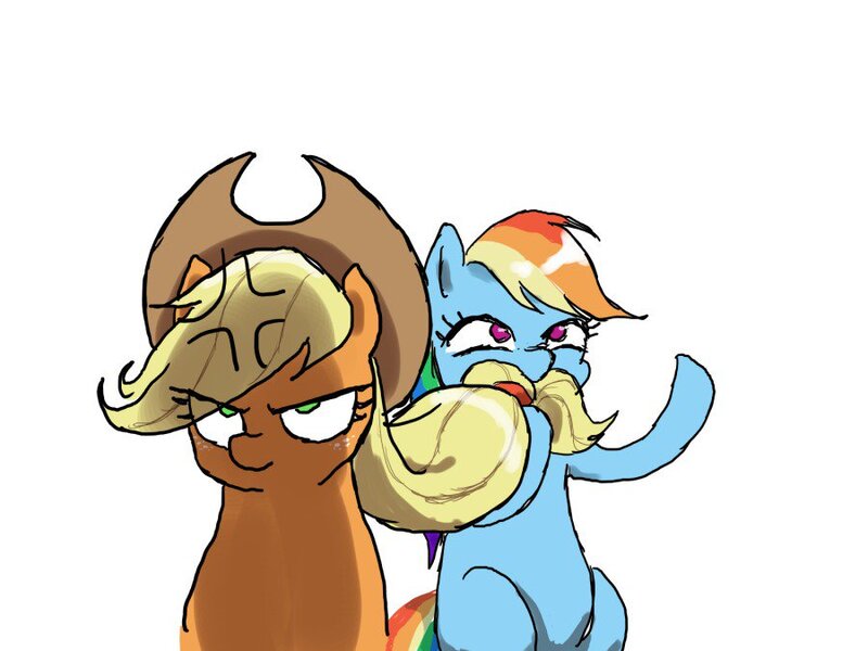 Size: 900x675 | Tagged: safe, artist:puri__kyua, derpibooru import, applejack, rainbow dash, earth pony, pegasus, pony, angry, applejack is not amused, beard, cross-popping veins, cute, facial hair, female, funny, i moustache you a question, mare, silly, simple background, this will end in pain, this will not end well, unamused, white background