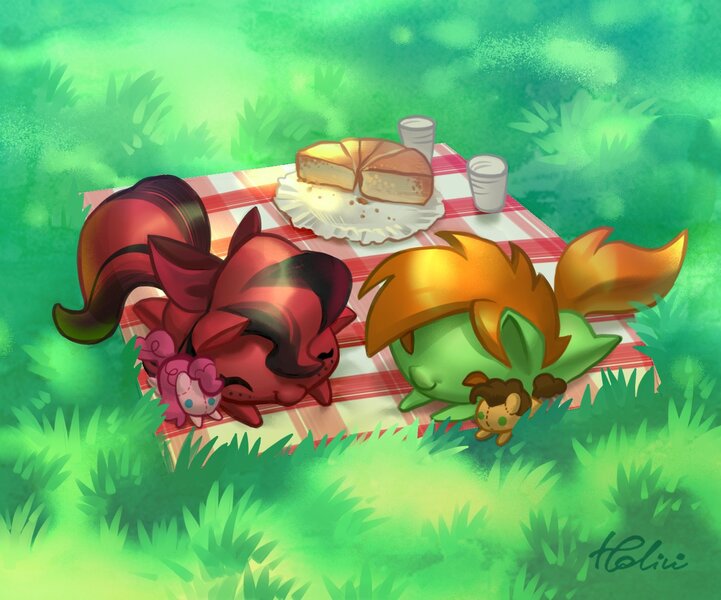 Size: 1378x1146 | Tagged: safe, artist:holivi, derpibooru import, cheese sandwich, pinkie pie, oc, earth pony, pony, bow, chibi, commission, food, picnic, picnic blanket, pie, plushie