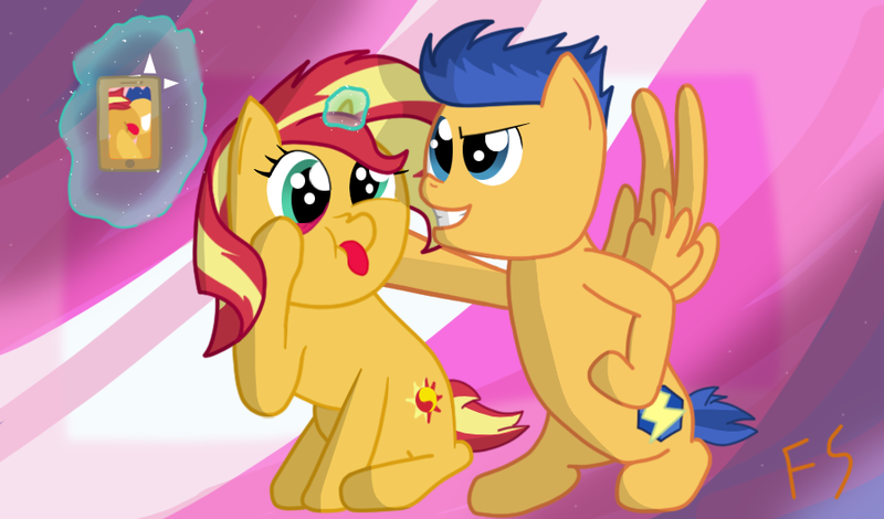 Size: 898x528 | Tagged: safe, artist:fskindness, derpibooru import, flash sentry, sunset shimmer, ponified, pony, akanbe, female, flashimmer, male, phone, selfie, shipping, straight