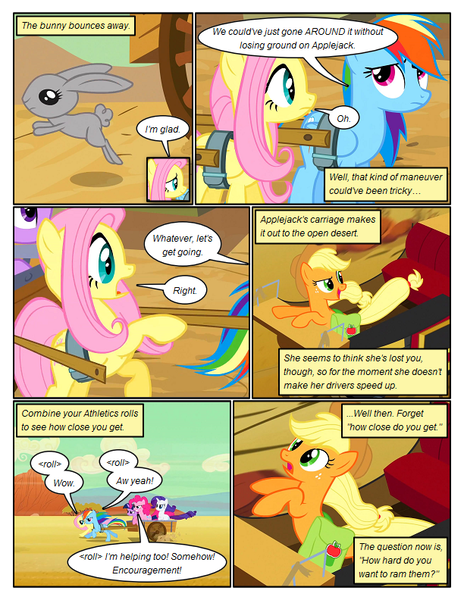 Size: 612x792 | Tagged: safe, artist:newbiespud, derpibooru import, edit, edited screencap, screencap, applejack, fluttershy, pinkie pie, rainbow dash, rarity, twilight sparkle, earth pony, pegasus, pony, rabbit, unicorn, comic:friendship is dragons, the last roundup, animal, bag, carriage, comic, desert, dialogue, female, freckles, hat, looking back, mane six, mare, rearing, running, saddle bag, screencap comic, smiling, unicorn twilight, worried