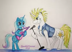 Size: 1049x761 | Tagged: artist:sparkleforever, bluetrix, derpibooru import, electric guitar, female, guitar, male, meta, microphone, musical instrument, prince blueblood, punk, safe, shipping, straight, traditional art, trixie