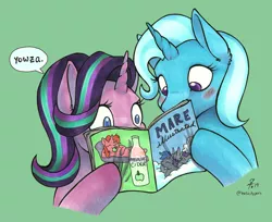 Size: 2620x2136 | Tagged: suggestive, artist:helicityponi, derpibooru import, starlight glimmer, trixie, oc, oc:helicity, pony, unicorn, blushing, dialogue, duo, female, implied porn, magazine, mare, pinup magazine, reading, traditional art