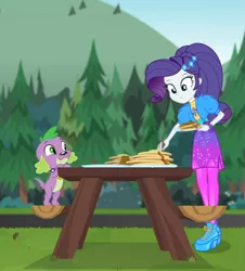 Size: 975x1080 | Tagged: safe, derpibooru import, screencap, rarity, spike, spike the regular dog, dog, equestria girls, equestria girls series, wake up!, spoiler:choose your own ending (season 2), spoiler:eqg series (season 2), breakfast, clothes, cropped, cute, female, food, fork, geode of shielding, high heels, magical geodes, male, music festival outfit, outdoors, pancakes, picnic table, plate, shoes, spikabetes, syrup, table, wake up!: applejack