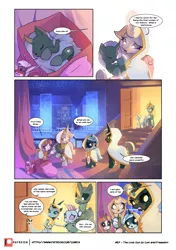 Size: 3541x5016 | Tagged: safe, artist:freeedon, artist:lummh, derpibooru import, oc, oc:appolonia, dragon, pony, unicorn, comic:the lost sun, cloak, clothes, collaboration, comic, cradle, female, filly, foal, glowing eyes, hood, hooves, image, magic, magicorn, mare, patreon, patreon logo, plushie, png, sleeping, speech bubble, telekinesis, younger