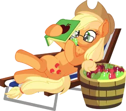 Size: 6830x6072 | Tagged: safe, artist:cyanlightning, derpibooru import, applejack, earth pony, pony, .svg available, absurd resolution, apple, applejack's hat, book, chest fluff, cowboy hat, crossed legs, cute, cutie mark, ear fluff, female, food, glasses, hat, jackabetes, lounge chair, mare, on back, ponytail, reading, reading glasses, reclining, relaxing, simple background, smiling, solo, stetson, that pony sure does love apples, tied tail, transparent background, vector