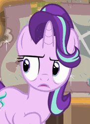 Size: 295x405 | Tagged: safe, derpibooru import, screencap, starlight glimmer, pony, unicorn, the parent map, animated, annoyed, clothes, cropped, female, frown, gif, headscarf, implied firelight, magic, magic aura, mare, scarf, solo focus, starlight is not amused, unamused