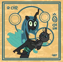 Size: 2000x1965 | Tagged: artist:qazy, changeling, circle, derpibooru import, madonna and child, queen chrysalis, safe, silly face, stylized, symbol