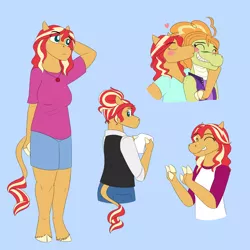 Size: 2250x2250 | Tagged: safe, artist:suchosophie, derpibooru import, adagio dazzle, sunset shimmer, alligator, anthro, horse, reptile, equestria girls, alternate universe, blushing, clothes, cloven hooves, cute, dazzlegator, female, finger hooves, floating heart, freckles, geode of empathy, hair bun, heart, interspecies, kiss on the cheek, kissing, leonine tail, lesbian, magical geodes, messy hair, paper, shipping, shirt, shorts, simple background, species swap, sunsagio, unshorn fetlocks