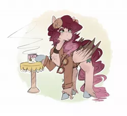 Size: 1962x1800 | Tagged: safe, artist:mad-maker-cat, derpibooru import, oc, pegasus, pony, clothes, female, food, horns, mare, solo, tea