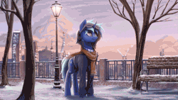 Size: 747x420 | Tagged: safe, artist:syntaxartz, derpibooru import, oc, oc:frostburn, pony, unicorn, animated, bench, cinemagraph, city, clothes, coat, male, scarf, snow, solo, standing, tree
