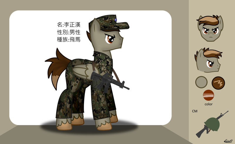 Size: 1465x900 | Tagged: safe, artist:99999999000, derpibooru import, oc, oc:li zhenghan, pony, ar15, assault rifle, camouflage, chinese text, clothes, gun, male, reference sheet, rifle, soldier, solo, t-91, taiwan, weapon