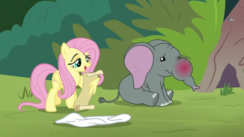 Size: 1920x1080 | Tagged: safe, derpibooru import, screencap, angel bunny, fluttershy, muriel, elephant, pegasus, pony, she talks to angel, baby, baby elephant, body swap, duo, female, folded wings, mare, not fluttershy, open mouth, raised eyebrow, raised hoof, scroll, swelling, wing hands, wings