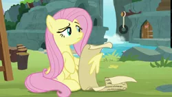 Size: 1920x1080 | Tagged: safe, derpibooru import, screencap, angel bunny, fluttershy, pegasus, pony, she talks to angel, body swap, checklist, female, mare, scroll, solo, wing hands, wing hold, wings