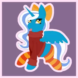 Size: 2000x2000 | Tagged: safe, artist:kalimoo-art, derpibooru import, oc, oc:fleurbelle, alicorn, pony, :p, alicorn oc, autumn, bow, clothes, cute, female, hair bow, horn, mare, socks, striped socks, sweater, thigh highs, tongue out, wings, yellow eyes