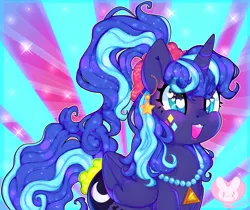 Size: 5803x4880 | Tagged: safe, artist:bunxl, derpibooru import, princess luna, pony, between dark and dawn, 80s princess luna, absurd resolution, colorful, cute, eye clipping through hair, female, lunabetes, smiling, solo, weapons-grade cute