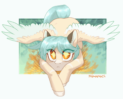 Size: 900x720 | Tagged: safe, artist:helemaranth, derpibooru import, oc, oc:impossible pattern, unofficial characters only, pegasus, pony, animated, cute, ear twitch, eye clipping through hair, eyebrows visible through hair, female, gif, looking at you, mare, ocbetes, prone, rcf community, solo, starry eyes, tail wag, two toned wings, wingding eyes, wings